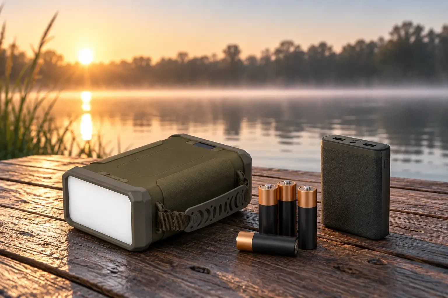 Accu, batterijen en powerbank voor karpervissen op een steiger aan het water bij zonsopkomst.