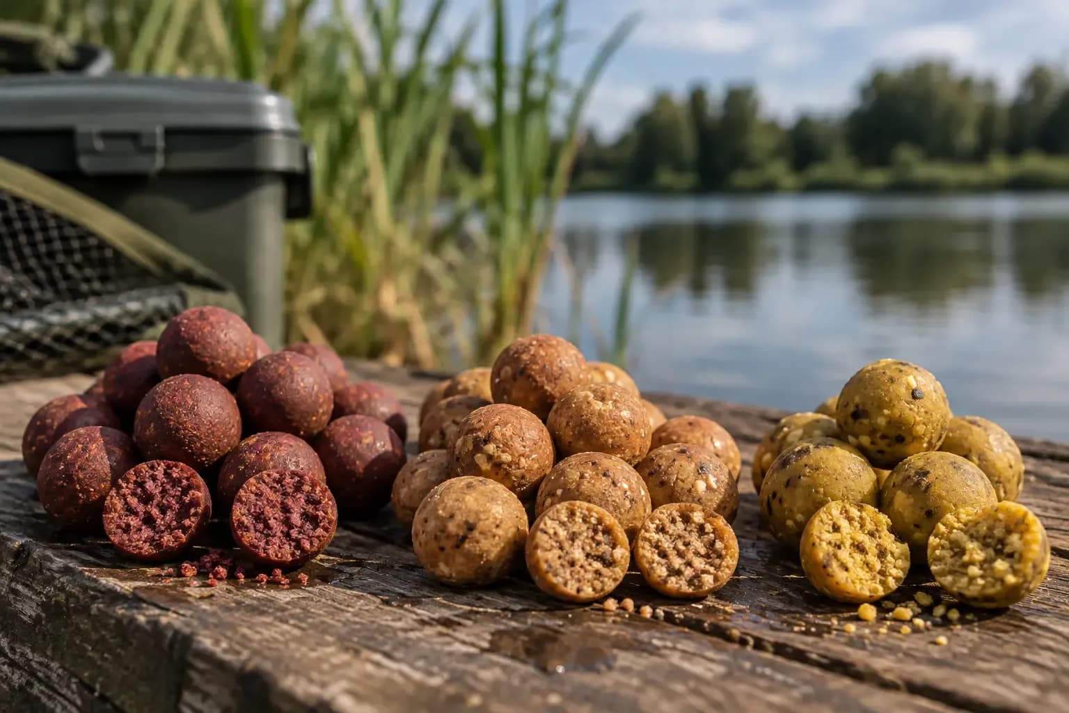 Verschillende boilies voor karper in meerdere smaken en kleuren aan de waterkant