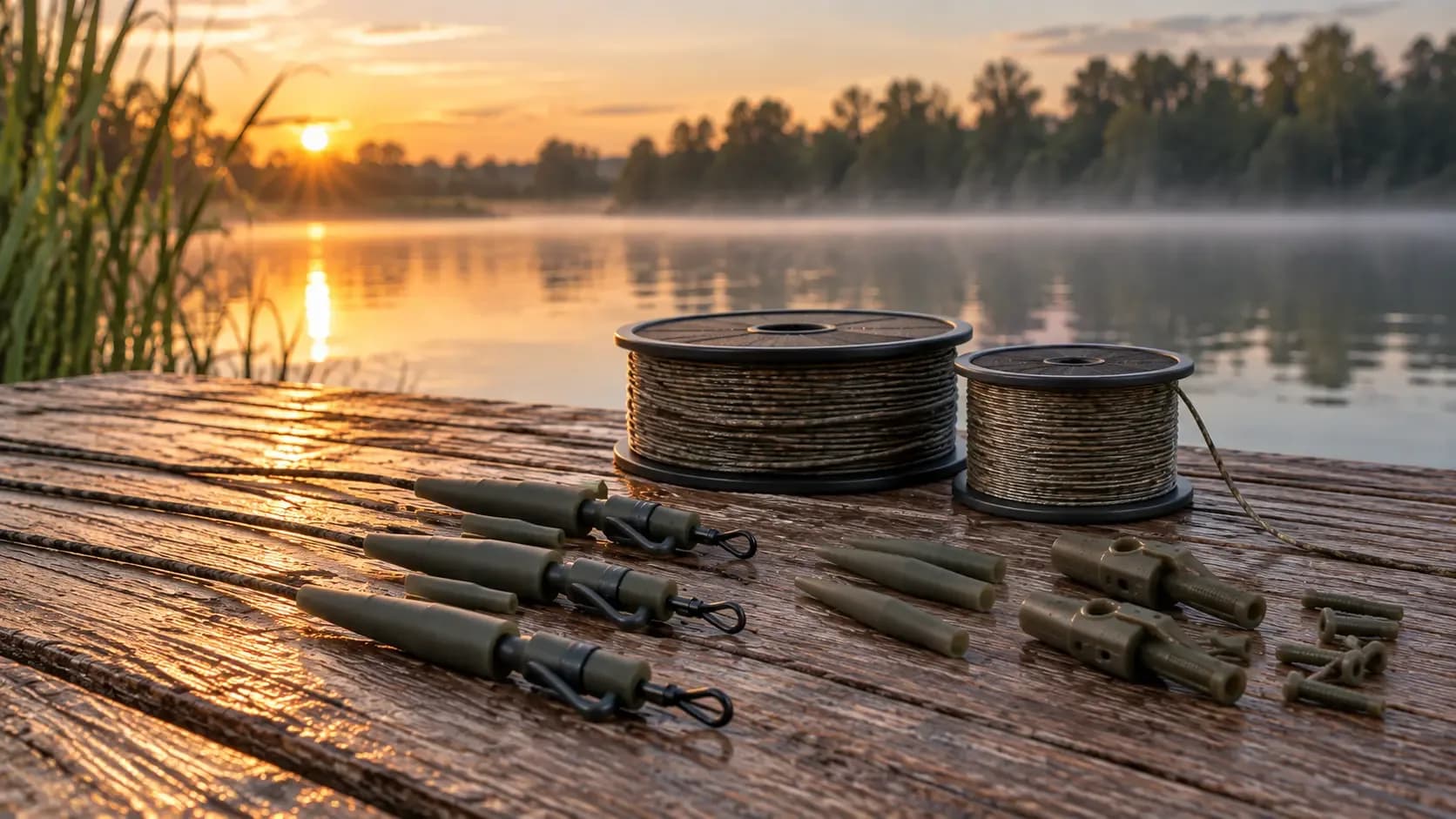Endtackle voor karpervissen met leader materiaal, leadclips en sleeves op een steiger aan het water.