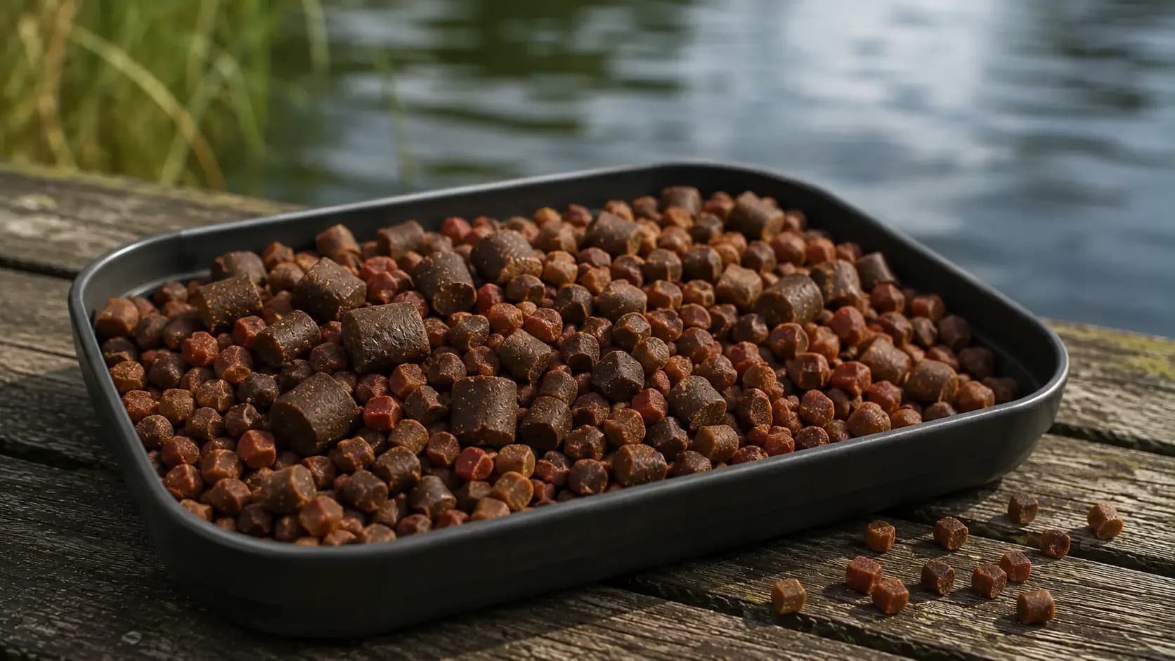 Karper pellets in verschillende maten in een voerbak aan de waterkant