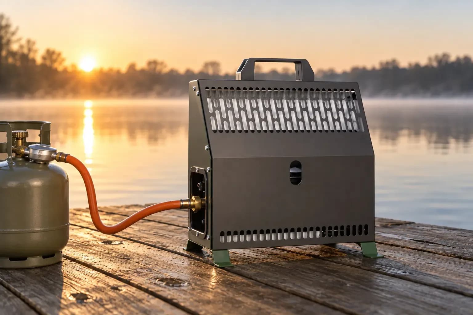 Tentverwarming met gasfles en slang op een steiger aan het water bij zonsopkomst