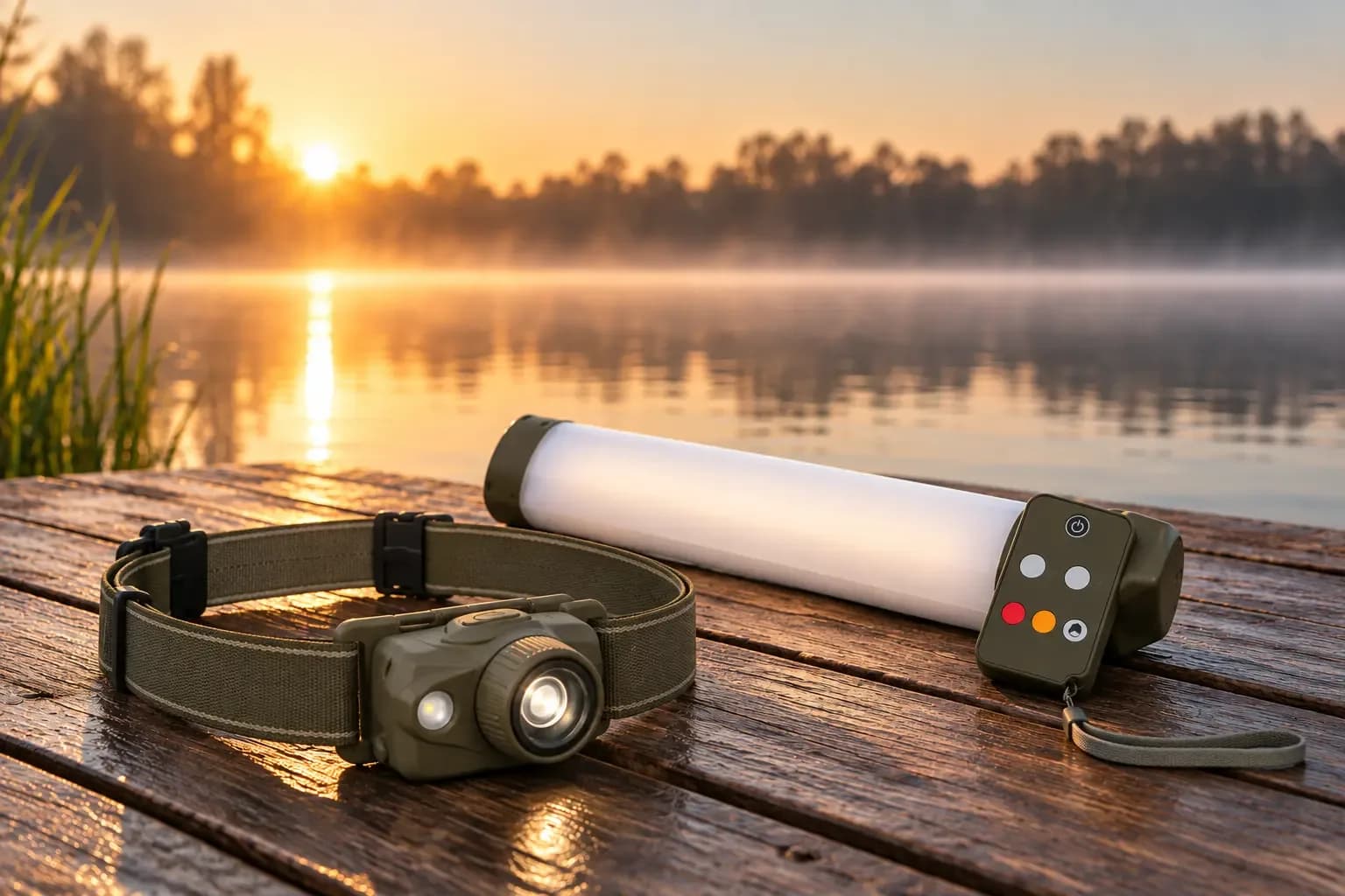 Hoofdlamp en bivvylamp voor karpervissen op een steiger aan het water bij zonsopkomst.