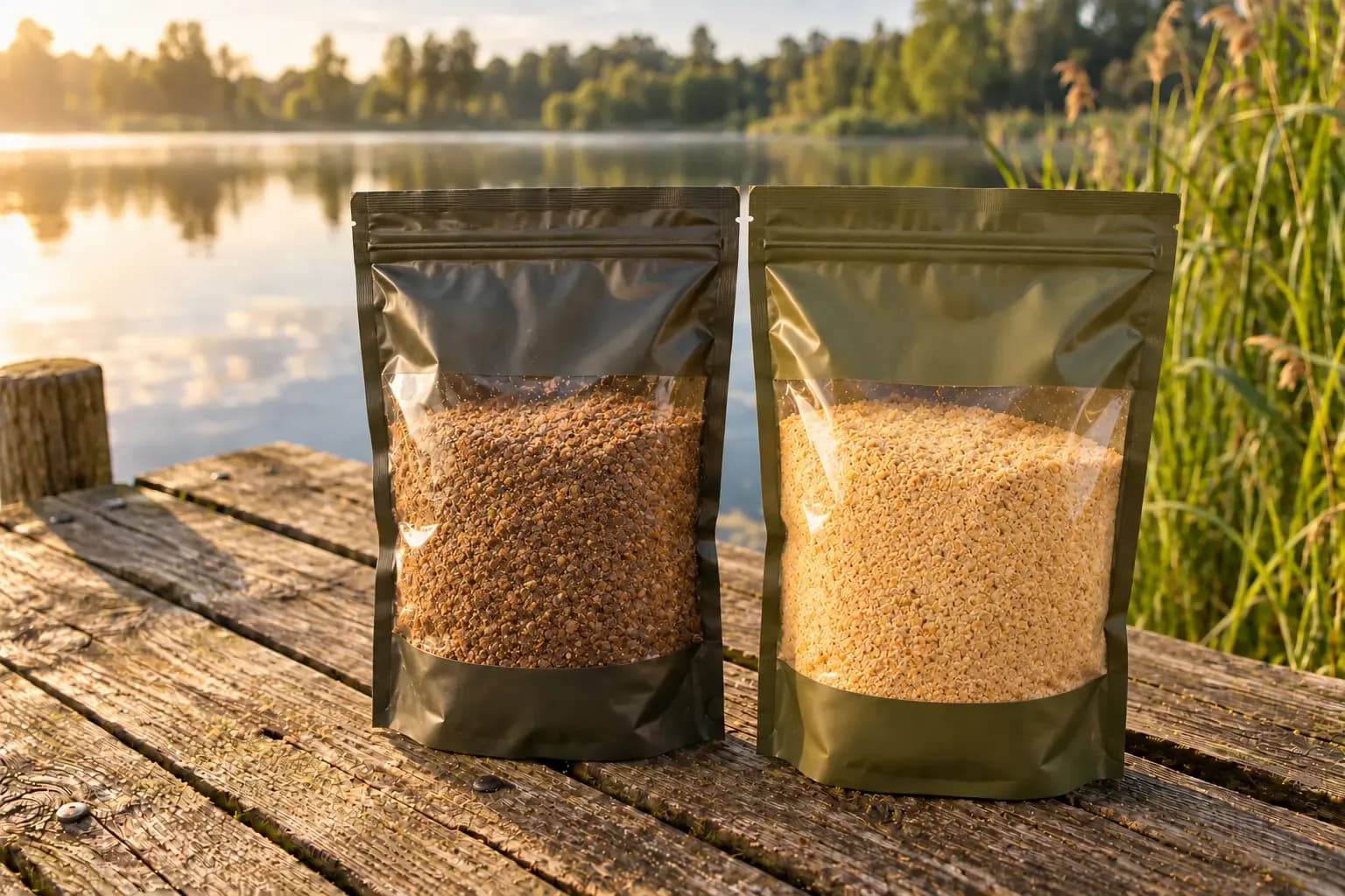 Twee zakken karperlokvoer op een houten steiger aan het water.